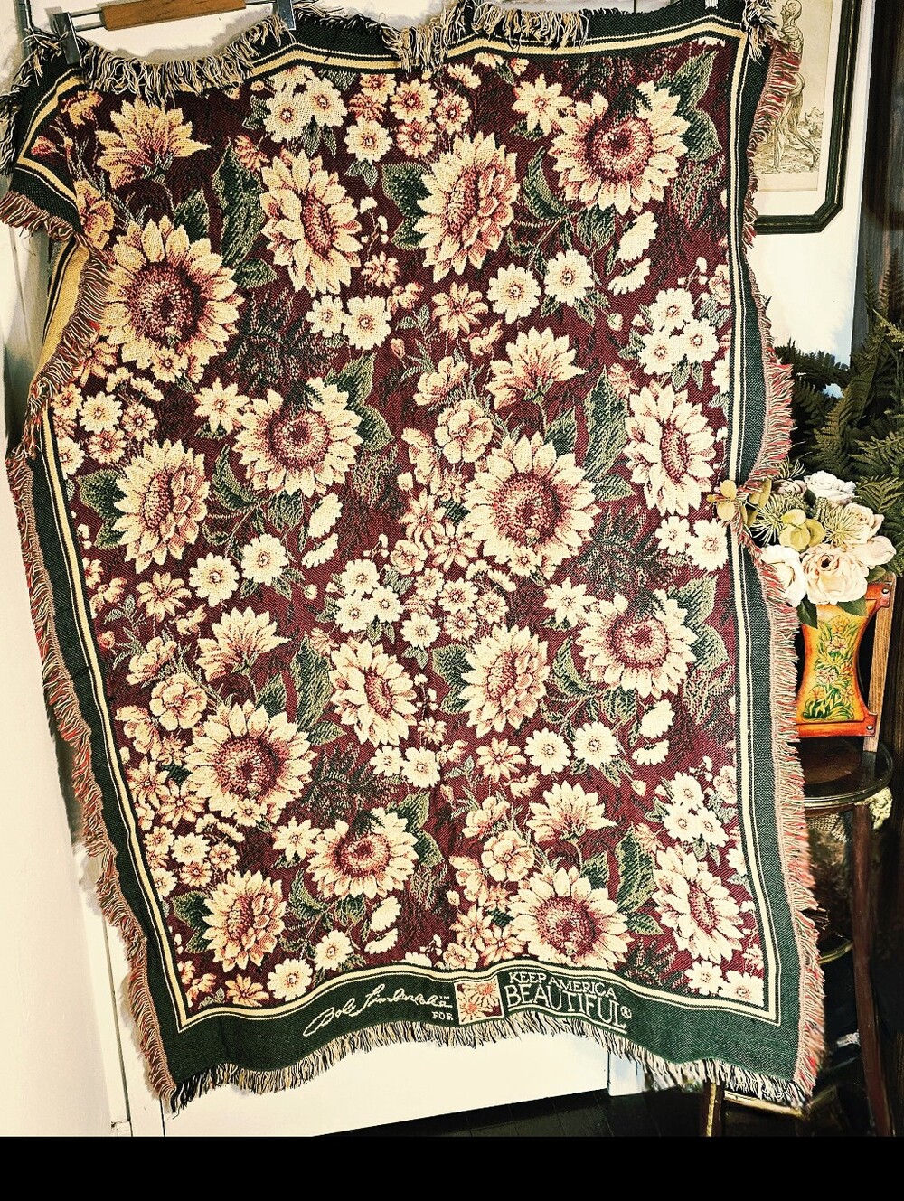 90s Sunflower Tapestry Woven Throw Blanket Floral Vintage Wall Decor 62x44